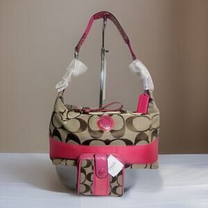 NWT Coach Signature Stripe Hobo 23769E & Wallet F48774 Set SV/Khaki Punch Pink
